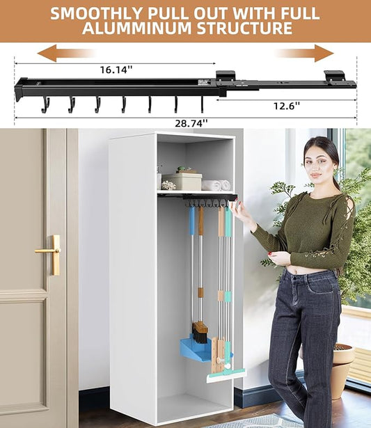 Pull Out Broom Holder With Adjustable Double Row Sliding Hook, Multifunctional Slide Broom And Mop Storage/Organizer Garage Organization Hooks, for Closet Laundry - 41cm/16.14inch