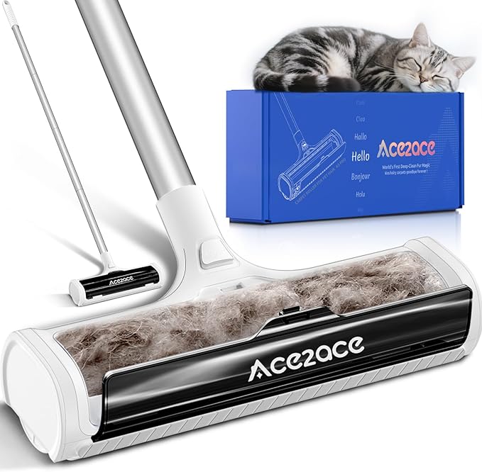 ACE2ACE A3 Pro Carpet Roller for Pet Hair, Carpet Pet Hair Removal Tool, Reusable Large Lint Rollers, 5 Feet Long Handle No Bending No Kneeling, Cat Dog Hair Remover for Carpet, Rugs, Mats, Black