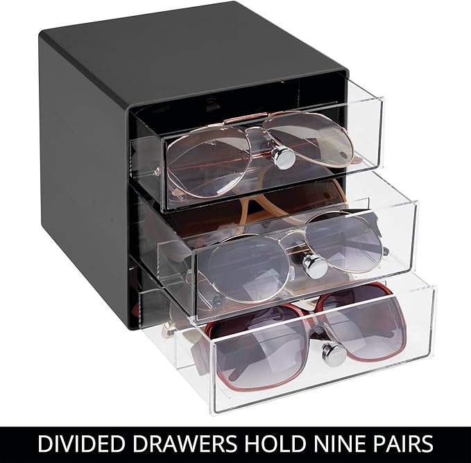 iDesign Divided 3-Drawer Stackable Organizer for Glasses, Sunglasses, and Readers - Black/Clear