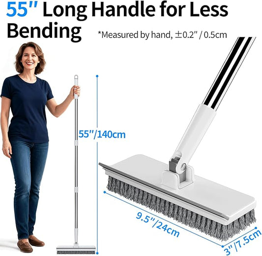 Floor Scrub Brush with 55" Long Handle, 2-in-1 Floor Brush with Built-in Squeegee, Adjustable Angle Head and Stiff Bristles for Tile, Wood, Concrete & Textured Floor Cleaning