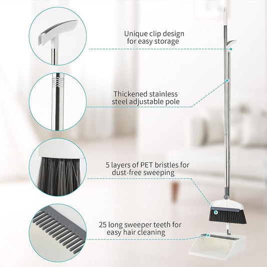 Broom with Dustpan Combo Set, 2 in 1 Broom and Dustpan Set with Long Handle, Upright 180° Rotating Broom with Brush and Lightwight Dust Pans for Home Kitchen Room Office Lobby Floor Cleaning,White