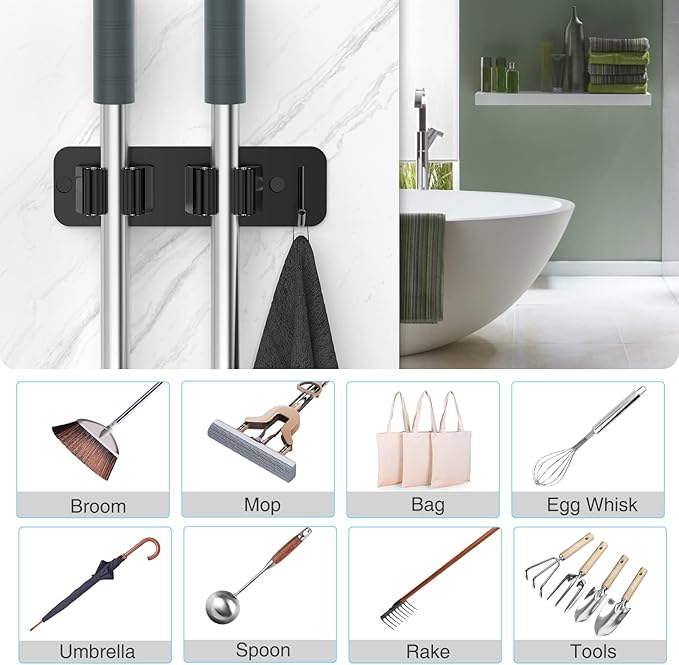 Wall Mount Mop and Broom Holder, Heavy Duty Stainless Steel Organizer Rack with Hooks | 2-Pack, 2-in-1 No Drill & Screw Installation, Black