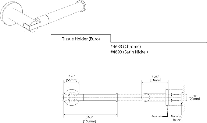 Gatco 4683 Channel, European Toilet Tissue Holder, Chrome | Wall Mounted Single Post 6.63" W Euro Style Toilet Paper Holder for Bathroom