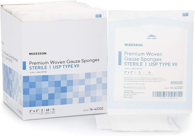 McKesson Premium Woven Gauze Sponges, Sterile, 12-Ply, USP Type VII, 100% Cotton, 3 in x 3 in, 2 per Pack, 40 Packs, 80 Total