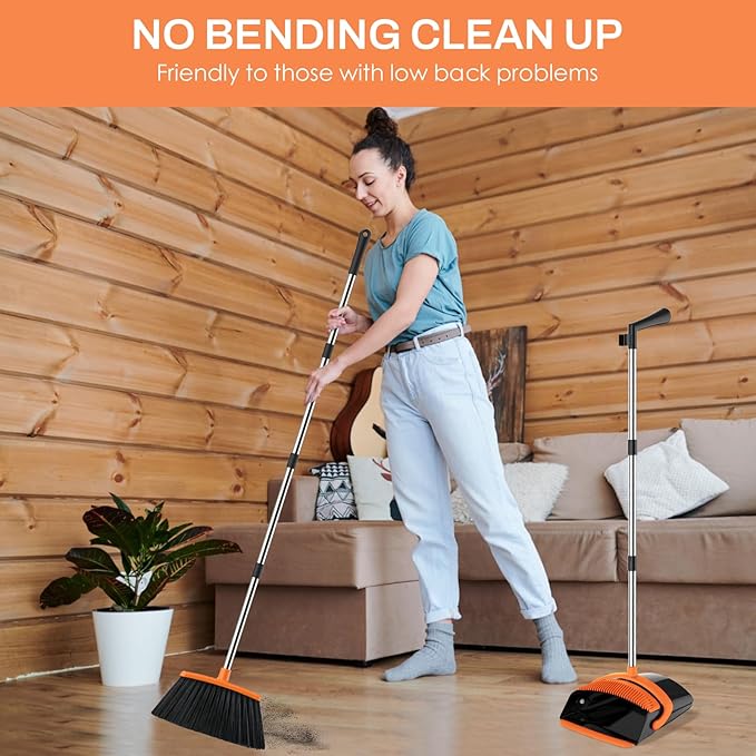 Broom and Dustpan Set for Home, 51-in Long Adjustable Handle Angle Broom and Dustpan Combo Set with Dust Pan Teeth to Clean Hair for Home Kitchen Office Lobby Floor Garden, Black Orange