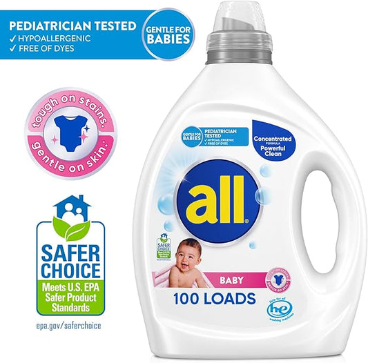 all Baby, Gentle for Baby, Liquid Laundry Detergent, Hypoallergenic for Sensitive Skin, Concentrated, 75oz, 100 Loads