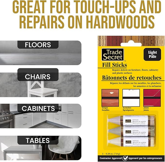 Wood Scratch Repair Fill Stick for Light Surfaces (Set of 3), Great for Touch-Ups and Repairs on Hardwoods Floors, Furniture, Cabinets and Plastic Surfaces.