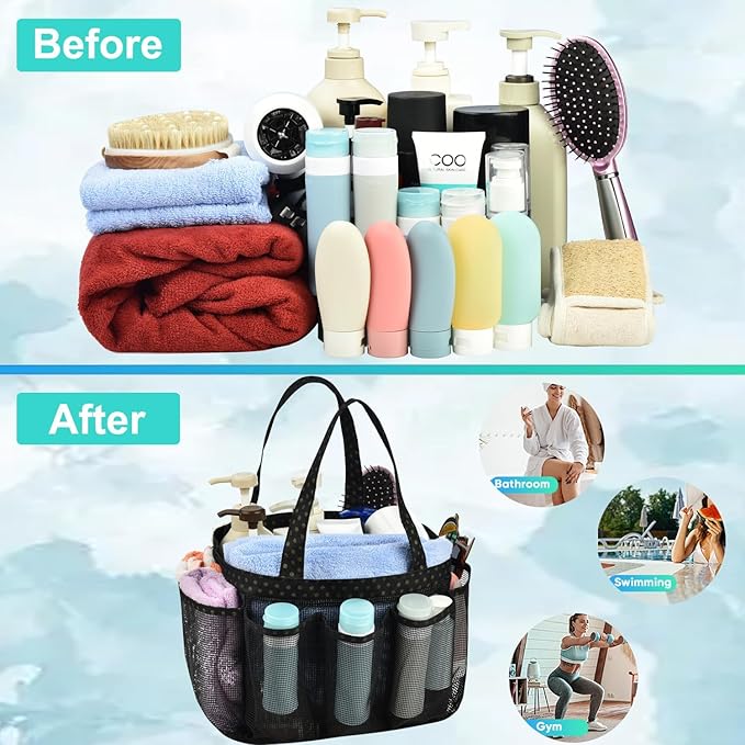 Haundry Mesh Shower Caddy Basket, Large College Dorm Bathroom Caddy Organizer with Key Hook and Oxford Handles, 8 Pockets, Hanging Portable Tote Bag for Camp Gym