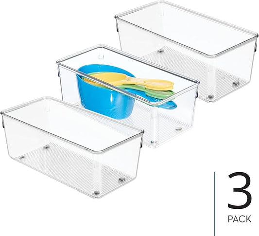 iDesign Plastic Drawer Organizer for Kitchen, Bathroom, and Desk Drawers, Set of 3, Clear