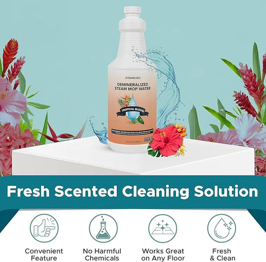 Steam & Go Demineralized Water for Steam Cleaner - PVC-Free Floor Cleaning Solution Compatible for All Steam Mops - Multi-Surface Cleaner for Home Surfaces - Tropical Bloom Scent, 32 oz (Pack of 6)