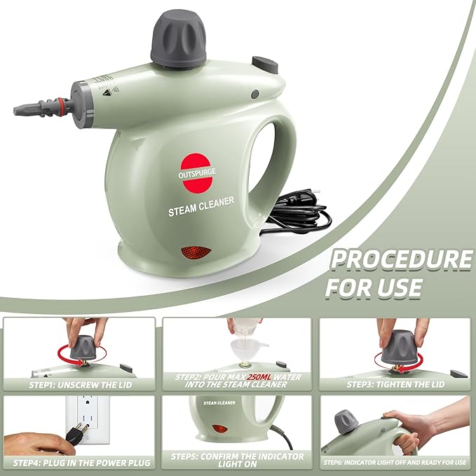 Handheld Steam Cleaner, Pressurized Multi-Surface Steam Shot with 13 Accessories, Safety Lock, Steamer for Cleaning Floor, Upholstery, Grout, Windows, Couch and Car, Green