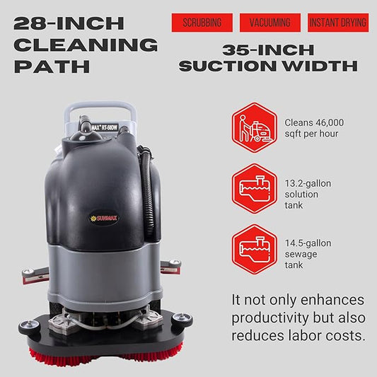 SUNMAX 28" Commercial Floor Scrubber Machine, 14.5-gal Tank, Dual Brushes and Sourcing Pads, Self-Propelled Floor Cleaner with Traction Drive