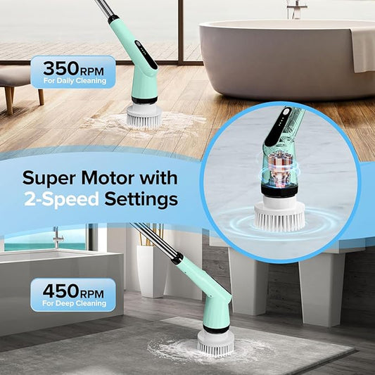 Electric Spin Scrubber, Dreazu IPX7 Bathroom Scrubber with 7 Replaceable Brush Heads & Retractable Handle, 2-Speed Adjustable Spin Scrubber for Bathroom, Bathtub, Kitchen, Tile Floors(Green)