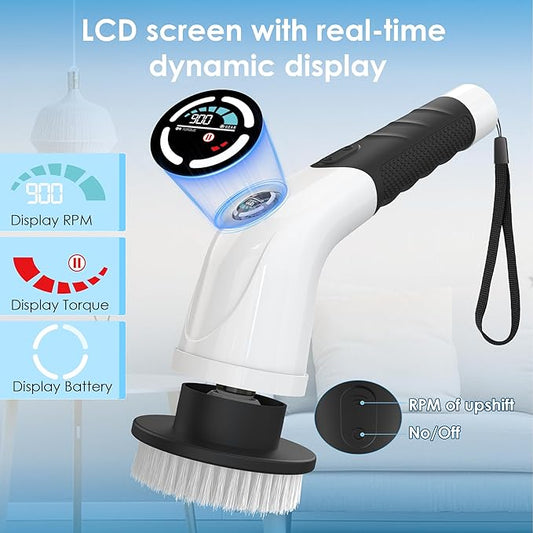 Electric Spin Scrubber, Cordless Cleaning Brush with 180 Min Runtime, 3-Speed, 7 Replaceable Brush Heads & Long Detachable Handle, LCD Display (RPM/Torque/Battery), for Bathroom, Kitchen, Tile