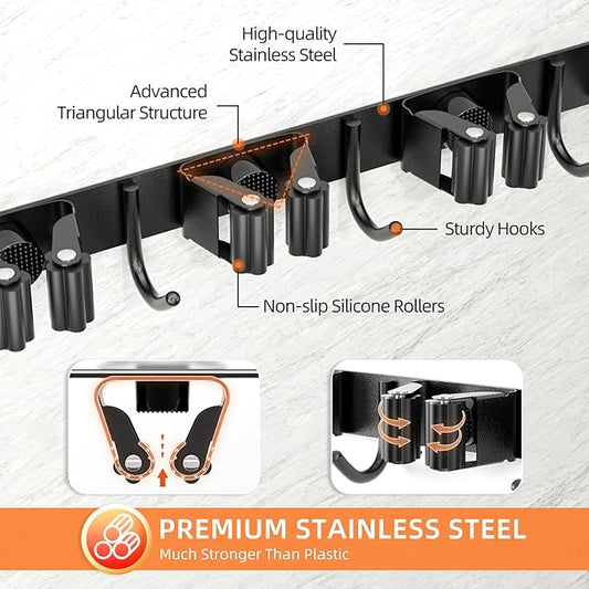 Broom Holder Wall Mount, Improved Non-slip Mop and Broom Holder Wall Mount, Heavy Duty Broom Hanger Organizer for Closet Laundry Garden Garage Storage (4 Racks 5 Hooks)