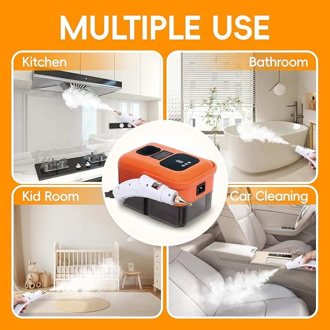 Heavy Duty Handheld Steam Cleaner, 15s Heat-Up, 9-Level Adjustable 2500W Pressurized Steamer for Cleaning with 14 Accessories, Multipurpose Portable Steam Cleanr for Home, Car, Grease, Grout(Orange)