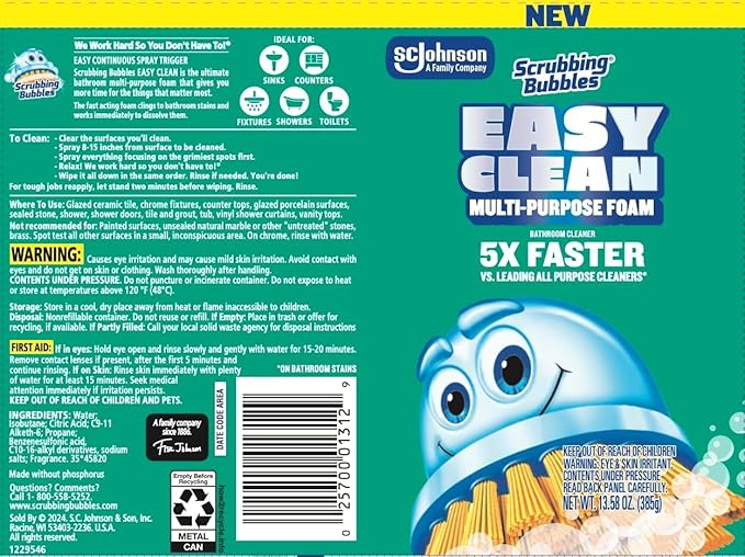Scrubbing Bubbles Easy Clean Foaming Multipurpose Bathroom Cleaner, Continuous Spray Bottle, Fast Acting Foam, 13.58 Ounce (Pack of 2)