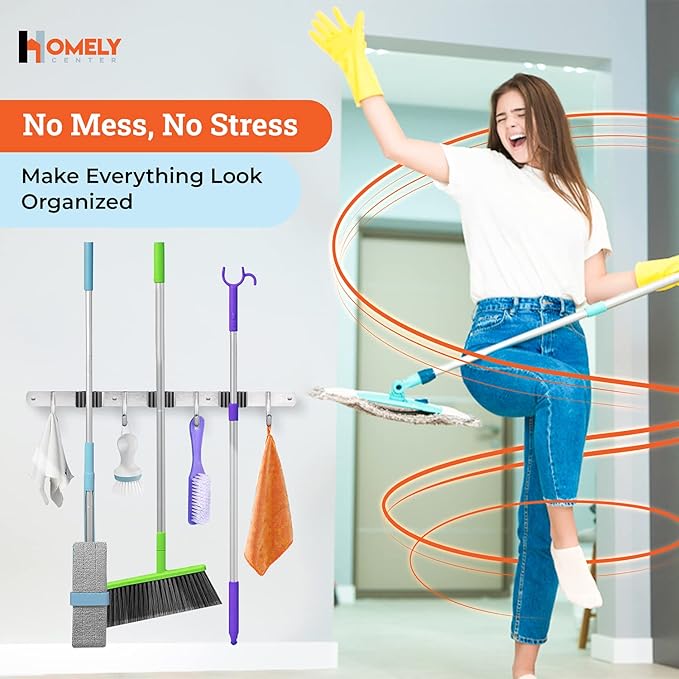 Mop and Broom Holder Wall Mount – Heavy-Duty Closet Organizer for Garage, Kitchen, Laundry Organization – Tool Hanger with 3 racks and 4 hooks