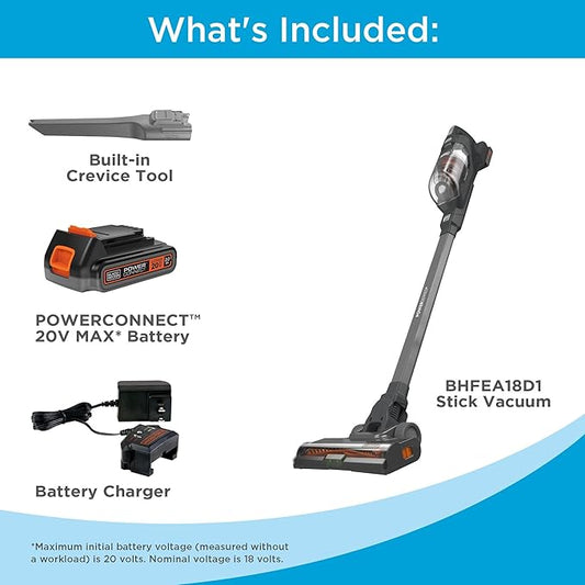 BLACK+DECKER POWERSERIES 20V MAX Cordless Stick Vacuum Cleaner, Household Vacuum Cleaners for Hardwood Floors and Carpet, LED Lights, Detachable, Anti-Tangle, Lightweight, Bagless (BHFEA18D1)