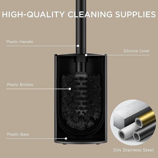 FORIOUS Toilet Brush and Holder Set, 304 Stainless Steel Heavy Duty Base and Handle for Bathroom Deep Cleaning, Toilet Bowl Cleaners Brush with Holder, Space Saving for Storage (1, Matte Black)