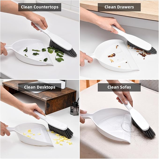 Small Hand Broom and Dustpan Set, Mini Dustpan and Brush Set, Handheld Dust Pan, White