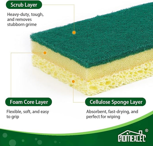 HOMEXCEL Sponges Kitchen 12pcs, Heavy Duty Sponges for Dishes, Scrub Cleaning Sponge for Non-Coated Cookware, Dishes, Pots, Pans, Dual Sided Dish Sponge for Kitchen, Household, Bathroom and More