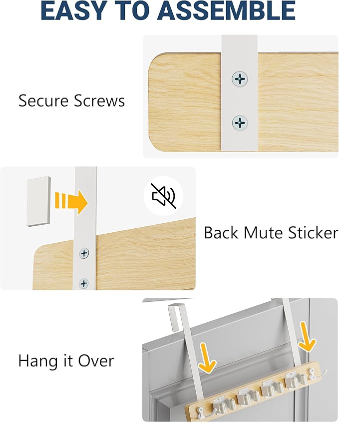 Lorbro Broom Holder Door Mount, Over the Door Broom and Mop Holder with 2 Over Door Hooks, Wood Broom Hanger, Tool Rack Organizer for Laundry, Garage, Closet, Kitchen Decor, 4 Slots & 4 Hooks Rustic
