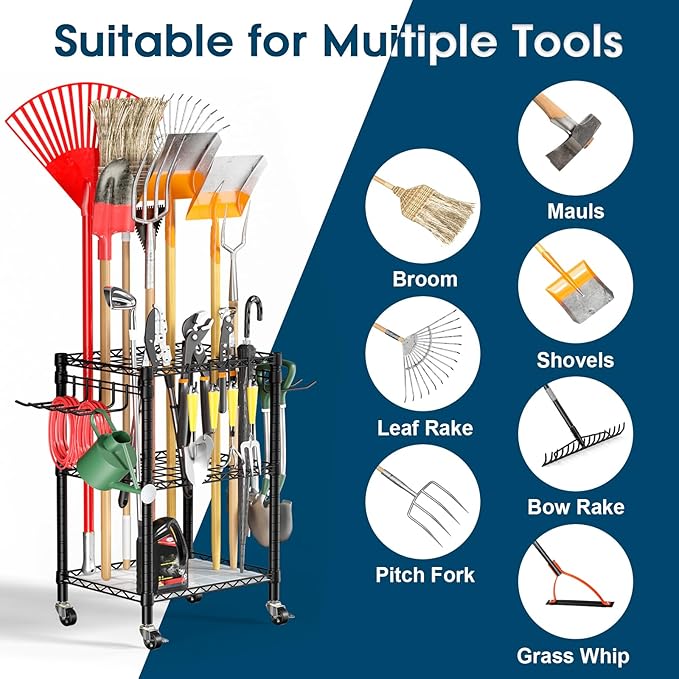 T1 Garden Tool Organizer(With Lockable Wheels)Heavy Duty Garage Tool Storage for Yard,Shed,Outdoor and Lawn,Freestanding Tool Organizers and Storage UP to 50 Tools,Black with Anti-Tip Device