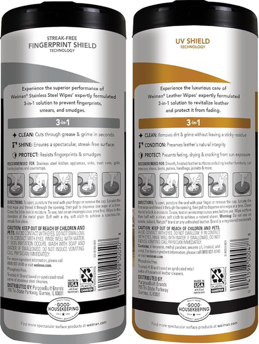 Weiman Stainless Steel Wipes and Leather Wipes - Clean and Polish Appliances for a Brighter and Longer Shine - Clean, Condition and Restore Leather Surfaces - Packaging May Vary