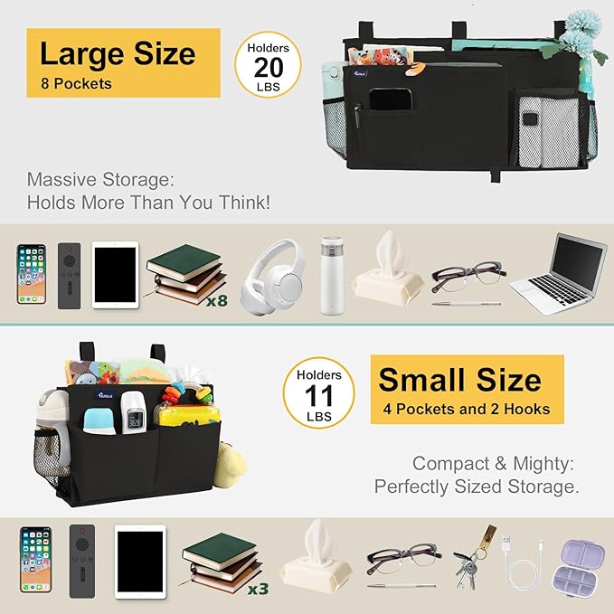 Surblue Bedside Caddy Bunk Bed Storage Organizer Hanging Pockets for College Dorm Rooms, Hospital Beds, Baby Bed Rails, Camping, RV, Small and Large Set, Black