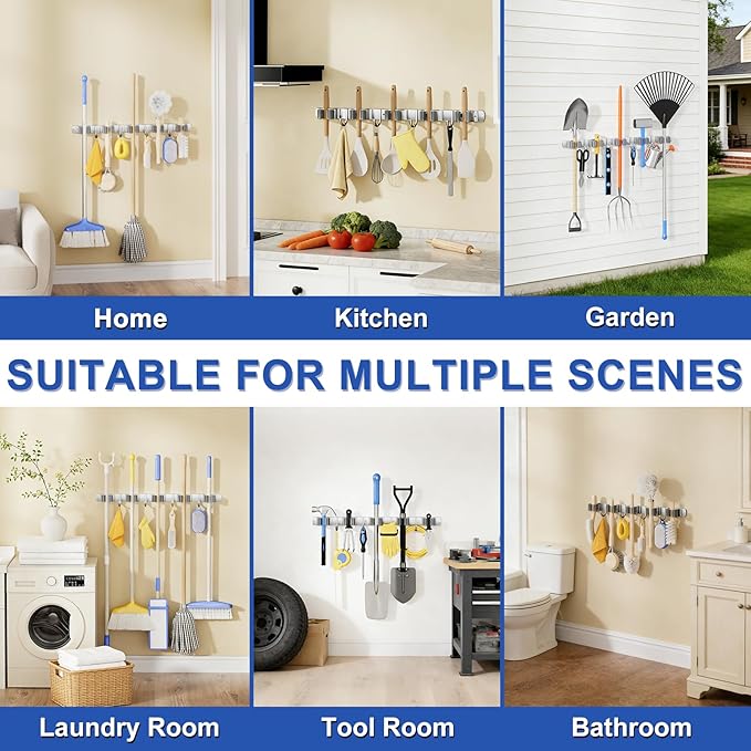Mop Broom Holder Wall Mount Mop and Broom Holder with 5 Racks and 4 Hooks, Heavy Duty Broom Hanger Tool Storage Oragnizer Rack for Home, Garage, Garden and Laundry Room, Sliver
