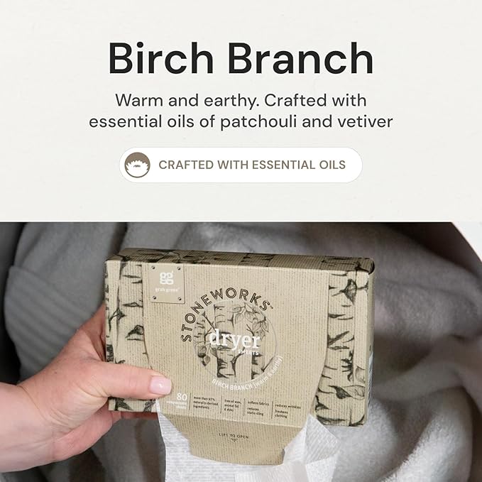 Grab Green Stoneworks Cruelty-Free Dryer Sheets | Softens Fabrics, Freshens Clothing & Reduces Static-Cling and Wrinkles | Plant Based | Birch Branch Scent (160 Sheets)