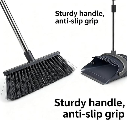 Stand-Up Broom Dustpan Combo - Long Handle with 3 Rows Dense Bristles for Multi-Scene Home/Office/Kitchen/Lobby/Shop, Indoor & Outdoor Cleaning (Black & Gray)