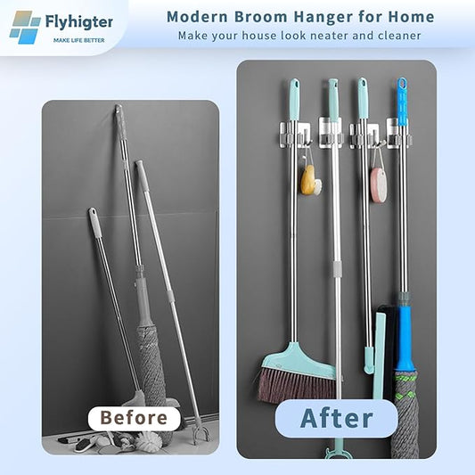 5 Pack Heavy Duty Mop and Broom Holder Wall Mount, No Drill Self Adhesive Stainless Steel Hanger with Hooks, Anti-Slip Tool Organizer for Bathroom, Kitchen, Garage, Laundry Room (5, Silver)