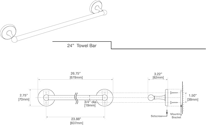 Gatco 5050 Designer II Towel Bar, 24 Inch, Brushed Brass/Wall Mounted 24" Towel Holder for Bathroom