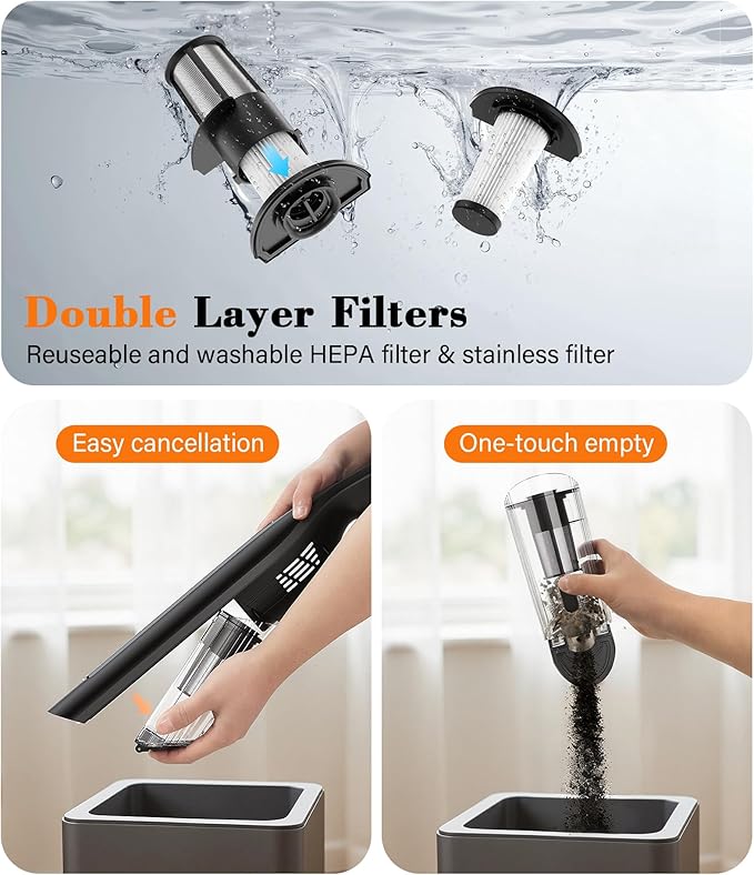 Handheld Vacuum Cordless,24KPA High Power Car Vacuum with Brushless Motor,LED Light,Charging Dock,Rechargeable Hand Held Vacuum Cleaner with Reusable Filter for Car,Home,Office,Pet Pair,Black