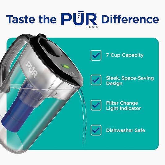 PUR Plus 7-Cup Water Filter Pitcher, Cleaner, Great-Tasting Water, Dishwasher Safe, Powerful, Lead-Reducing Filtration, LockFit Cap Design, Smoke