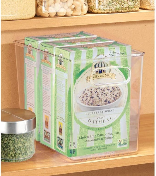 mDesign Plastic Modern Kitchen, Pantry Food Storage Container Bin w/ Handles - Cabinet, Fridge/Freezer, Countertop Organizer - Snacks/Drink/Appliances; Ligne Collection, Clear, 10x6.5x7.75 (Pack of 1)