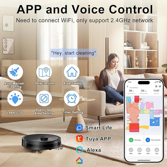 Robot Vacuum and Mop Combo, Robotic Vacuums with LiDAR Navigation, Smart Mapping, Strong Suction, with WiFi/App/Alexa/Voice Control, Obstacle Avoidance, for Home, Wood/Hard Floors, Pet Hair Black