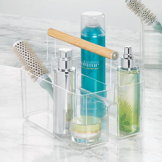mDesign Plastic Portable Shower Caddy Divided Basket Bin Storage Organizer with Bamboo Handle for Bathroom, Dorm, Shelf & Cabinet Holds Shampoo, Conditioner - Aura Collection, Clear/Natural