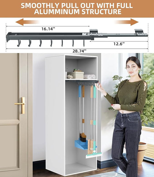 Pull Out Broom Holder, Multifunctional Slide Broom And Mop Storage/Organizer With Adjustable Double Row Sliding Hook, Garage Organization Hooks, for Closet Laundry Garage Kitchen - 41cm/16.141inch