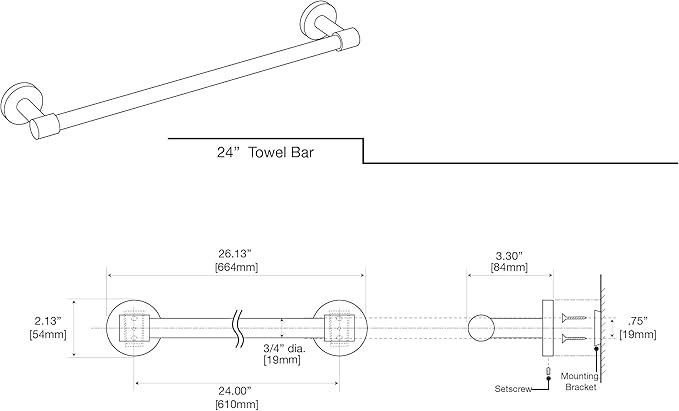 Gatco 4670 Reveal 24" Towel Bar, Satin Nickel | Wall Mounted Towel Holder for Bathroom, Total Length 26.13"