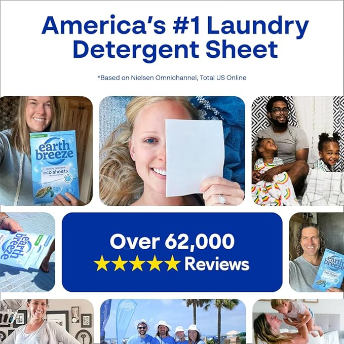 Earth Breeze Laundry Detergent Sheets Fresh Scent - 60 Loads per package. Eco Liquidless Soap - Travel-Friendly for Hot & Cold Cycles, Tackles Tough Stains & Odors - Gentle on Skin, 30 sheets (3 Pack)