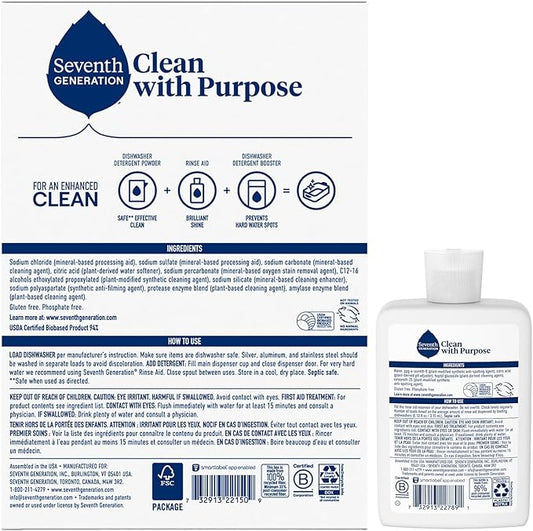 Seventh Generation Dishwasher Detergent Powder + Rinse Aid, Free and Clear, Biodegradable, Plant-Based & Fragrance-Free, Septic Safe