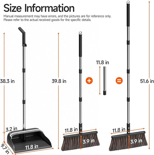 CTIME Broom and Dustpan Set, Extra Brush Head & 51.6" Adjustable Long Handle Standing Dustpan Set, with Dust Pan Teeth to Clean Pet Hair, Easy Sweeping Suitable for Home Kitchen Office Lobby