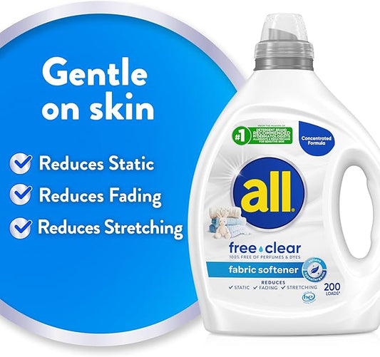 all free clear, Original, Liquid Fabric Softener for Sensitive Skin, Unscented and Hypoallergenic, Concentrated, 80oz, 200 Loads