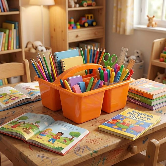 Kathfly 8 Pack Caddy Organizer with Handle, Stackable Organization Storage, Small Plastic Basket Classroom Caddy for Table Desk Office Pencil Kids Room Craft Art Teacher School Supplies (Blue Orange)