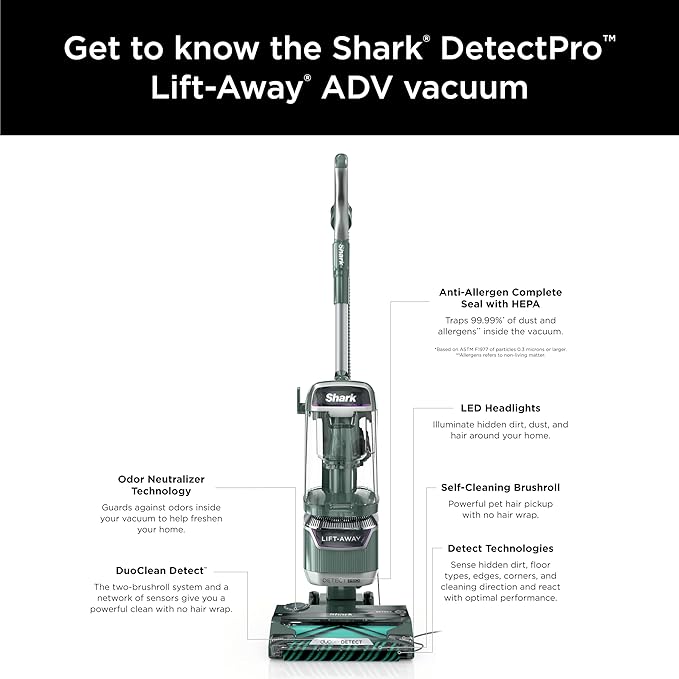 Shark Detect Pro Lift-Away ADV Bagless Upright Vacuum with DuoClean Detect, HEPA Filter, Anti-Allergen, Powerful Suction, and Odor Neutralizer Technology, Evergreen, LA802