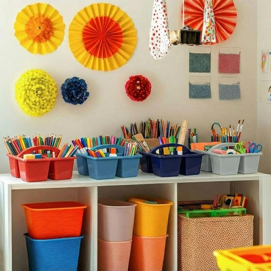 Kathfly 4 Pack Caddy Organizer with Handle, Stackable Organization Storage, Small Plastic Basket Classroom Caddy for Table Desk Office Pencil Kids Room Craft Art Teacher School Supplies (Blue Orange)