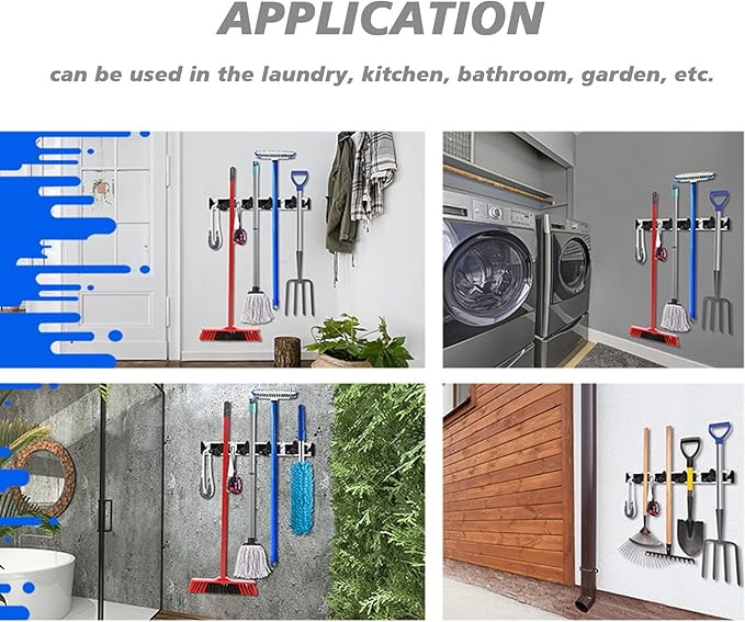Mop And Broom Holder Wall Mount, Mop Holder, Garage Storage Garden Kitchen Tool Organizer Wall Hanger for Home Goods (4 Positions with 8 Hooks, Black)